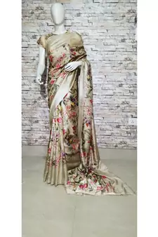 Creamish Beige Floral print Tussar Moonga Silk saree with blouse