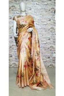 Beige Floral Print Tussar Moonga Silk saree with blouse