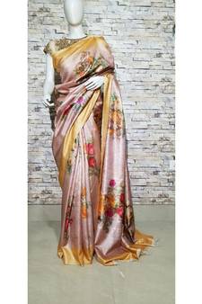 Peachish pink floral print Tussar Moonga Silk saree with blouse