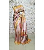 Peachish pink floral print Tussar Moonga Silk saree with blouse