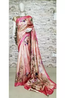 Pink Shade Floral Print Tussar Moonga Silk saree with blouse
