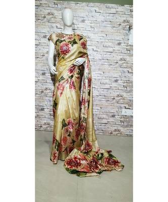 Creamish Beige Floral print Tussar Moonga Silk saree with blouse 1