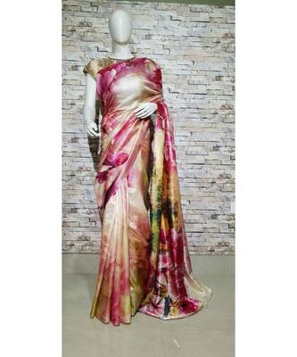 Pink Shade Floral Print Tussar Moonga Silk saree with blouse 1