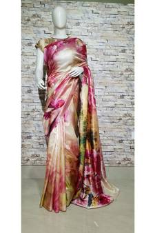 Pink Shade Floral Print Tussar Moonga Silk saree with blouse