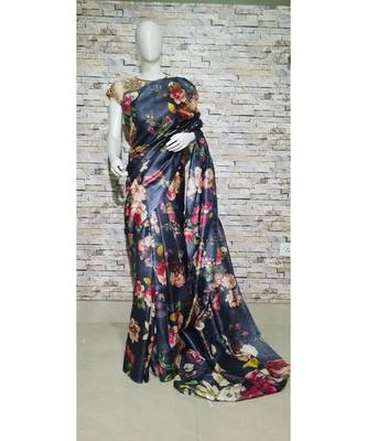 Black floral print tussar moonga Silk saree with blouse 1