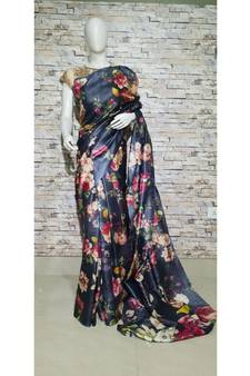 Black floral print tussar moonga Silk saree with blouse