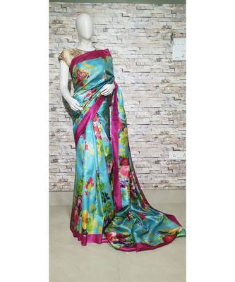 Blue Shade Floral print Tussar Moonga Silk saree with blouse 1