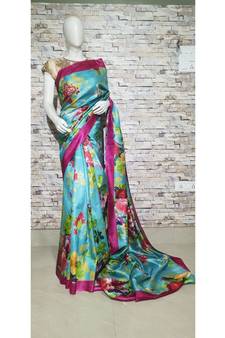 Blue Shade Floral print Tussar Moonga Silk saree with blouse