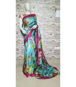 Blue Shade Floral print Tussar Moonga Silk saree with blouse