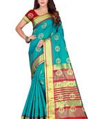 Turquoise woven cotton silk saree with blouse