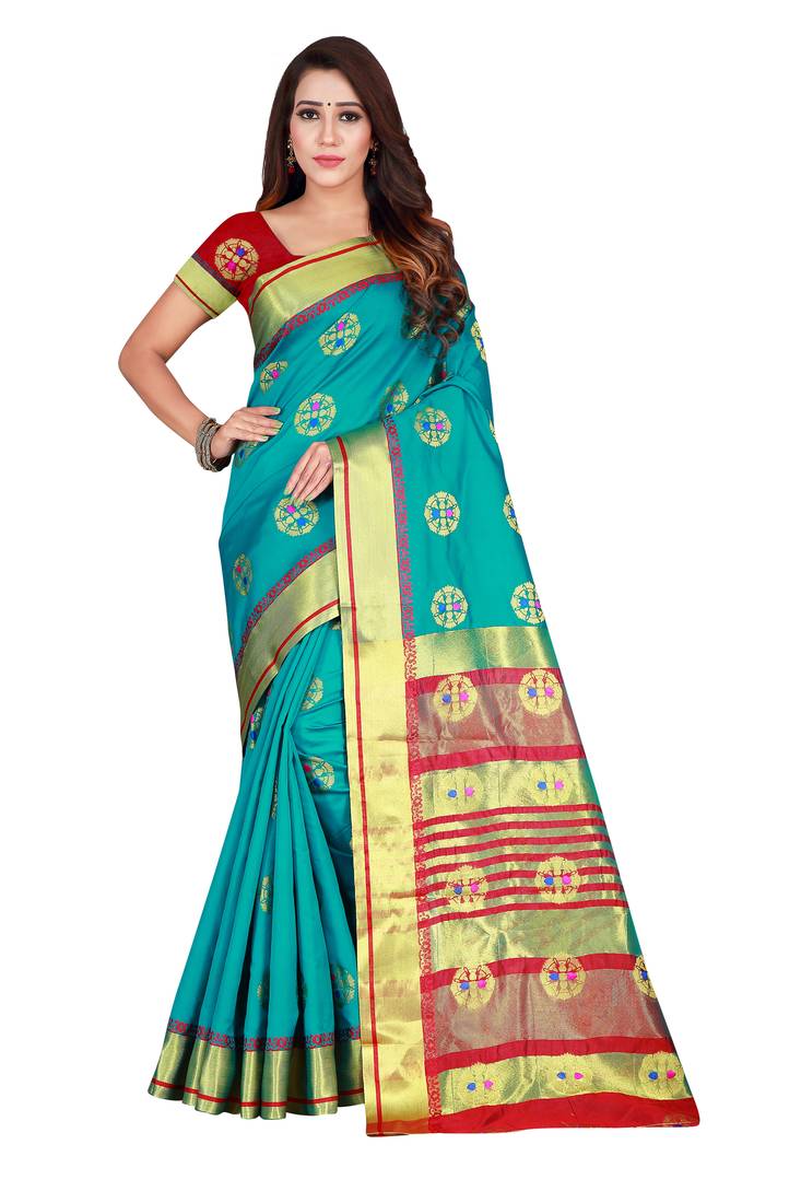 Turquoise woven cotton silk saree with blouse