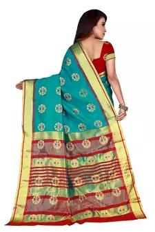 Turquoise woven cotton silk saree with blouse