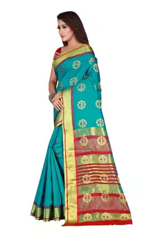 Turquoise woven cotton silk saree with blouse