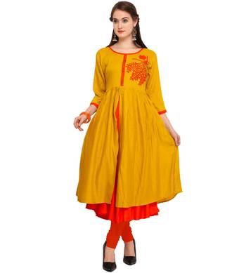 Yellow plain rayon party-wear-kurtis 1