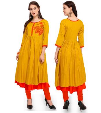 Yellow plain rayon party-wear-kurtis 4