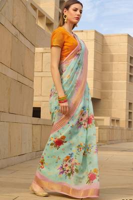 Blue printed faux linen saree with blouse 2