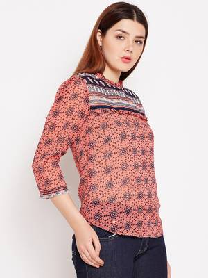 Peach printed georgette tops 5