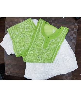 green Lucknowi Chikan Georgette Kurti Set 1