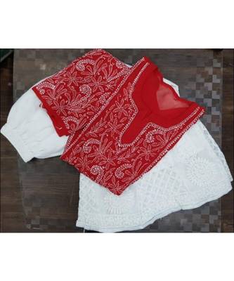red Lucknowi Chikan Georgette Kurti Set 1