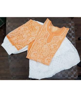 peach Lucknowi Chikan Georgette Kurti Set 1