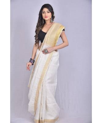 White Linen saree with zari border in checkered pattern 1