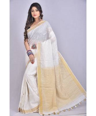 White Linen saree with zari border in checkered pattern 2