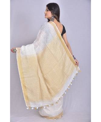White Linen saree with zari border in checkered pattern 3
