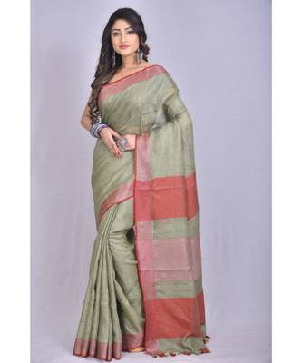 Ash Beige Shade Linen saree with blouse 1