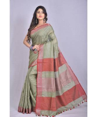 Ash Beige Shade Linen saree with blouse 2