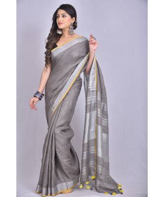 Grey Linen saree with blouse with zari border 1