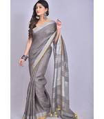 Grey Linen saree with blouse with zari border