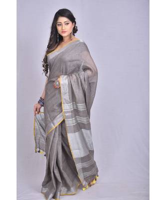 Grey Linen saree with blouse with zari border 2