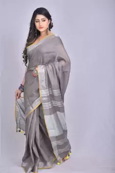 Grey Linen saree with blouse with zari border