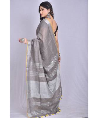 Grey Linen saree with blouse with zari border 3