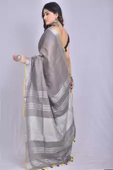 Grey Linen saree with blouse with zari border