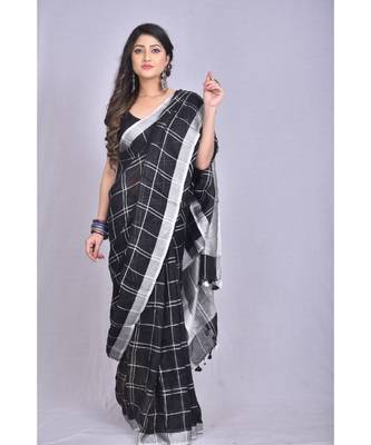 Black Linen saree with blouse with in checkered pattern 1