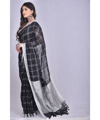 Black Linen saree with blouse with in checkered pattern 2
