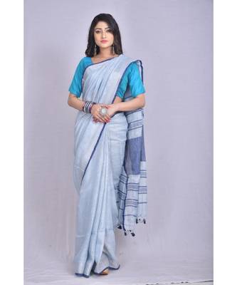 Light Blue Linen saree with blouse with zari border 1