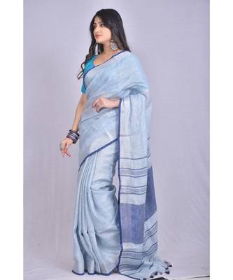 Light Blue Linen saree with blouse with zari border 2
