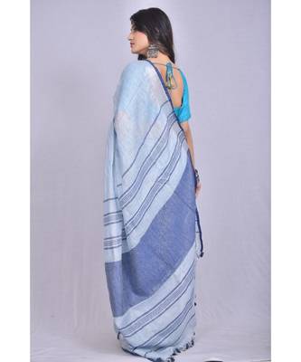 Light Blue Linen saree with blouse with zari border 3