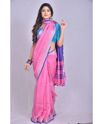 Pink Linen saree with blouse with zari border 1