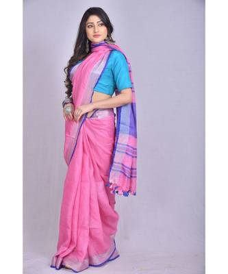 Pink Linen saree with blouse with zari border 2