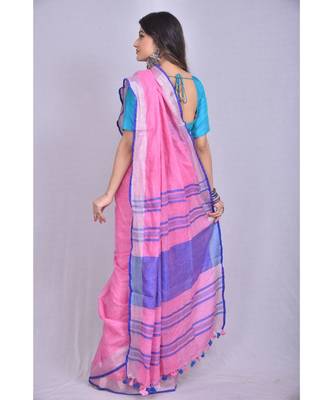 Pink Linen saree with blouse with zari border 3