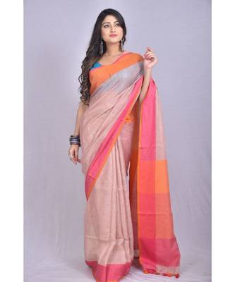 Beige Linen saree with blouse with contrast border 1