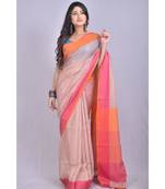 Beige Linen saree with blouse with contrast border