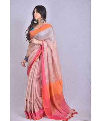Beige Linen saree with blouse with contrast border 2
