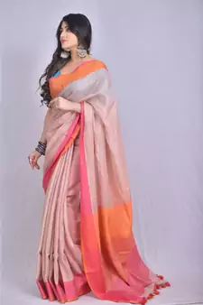 Beige Linen saree with blouse with contrast border