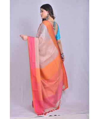 Beige Linen saree with blouse with contrast border 3