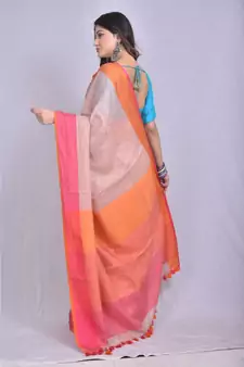 Beige Linen saree with blouse with contrast border