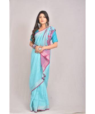 Blue Linen saree with blouse with zari border 1